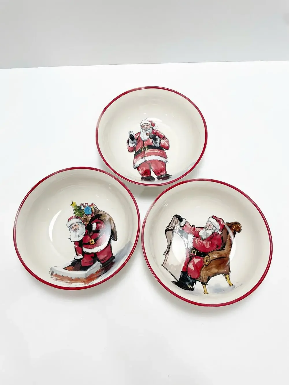 Pottery Barn Painted Santa Stoneware Bowls Christmas Set of 3